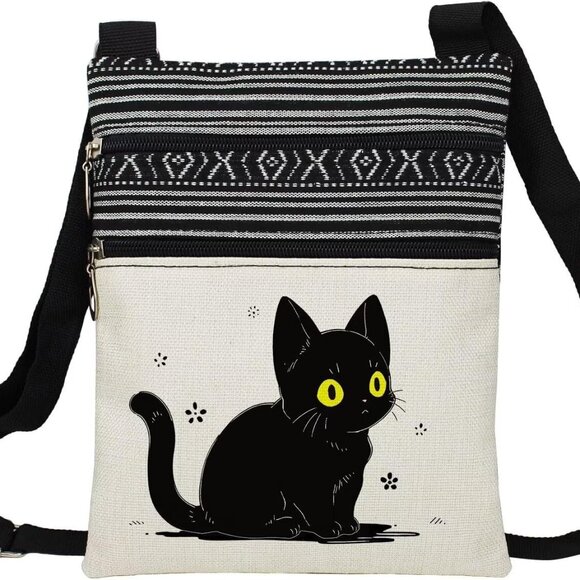 Handbags - Black Cat Crossbody Bag Small Ethnic Pattern Adjustable Strap Women